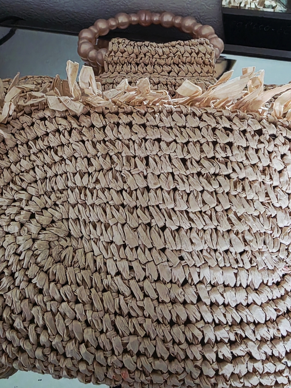 btb Los Angeles Raffia Tote with Pearl Bead Handles - Picture 2 of 4